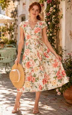 Coral Floral Cap Sleeve Tea Length Guest Dress