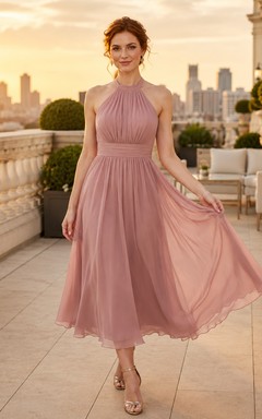 Dusty Rose Luxury Hotel Wedding Guest Bridesmaid Cocktail Formal Dress A-Line Tea-Length Halter High Neck Sleeveless Chiffon Pleated Backless Strappy Back