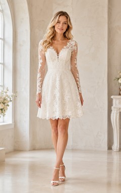 Romantic Short V-Neck Long Lace Sleeve A-Line Vintage Wedding Dress