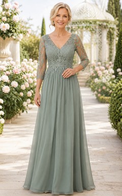 MOB-Kleid aus salbeigrünem Chiffon mit Spitze, A-Linie, 3/4-Ärmeln, V-Ausschnitt, bodenlang, plissiert