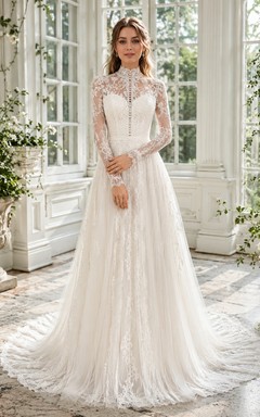 Modest High Neck Long Illusion Sleeve Floral Lace A-Line Chapel Train Wedding Dress