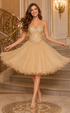 Champagne Strapless Short Tulle Dress with Dense Beaded Bodice