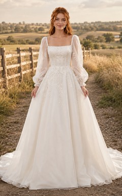 Brautkleid aus Chiffon im Landhausstil, A-Linie, eckiger Ausschnitt, Puffärmel, bodenlang, tiefer V-Ausschnitt am Rücken