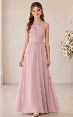 Elegantes, ärmelloses Chiffon-Brautjungfernkleid in Altrosa, A-Linie, hoher Kragen