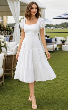 Robe polo midi blanche à col carré et manches bouffantes à volants