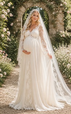 Maternity Wedding Dress V-Neck Long Lace Sleeve Romantic A-Line Gown with Train