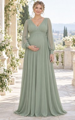 Vestido largo de gasa de manga larga color verde salvia con escote en V y corte imperio para damas de honor