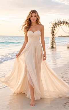 Champagne Beach Strapless Sweetheart Chiffon A-Line Bridal Dress