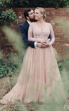 Vestido de novia vintage de tul etéreo, de talla grande, sexy, de manga larga y escote en V, de estilo campestre.