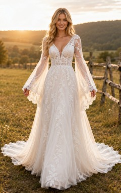 Vestido de novia de tul y encaje campestre, corte en A, hombros descubiertos, manga corta, cola de capilla, espalda baja en V.