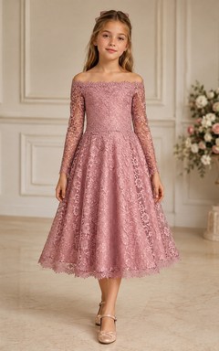 Dusty Rose Romantic Off-Shoulder Lace-Tulle Long-Sleeve A-Line Tea-Length Dress