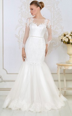 Mermaid Long-Sleeve Jewel-Neck Appliqued Floor-Length Lace&Satin Wedding Dress With Waist Jewellery