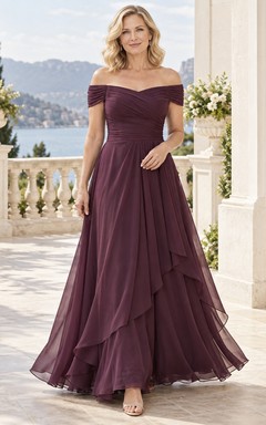 Plum Formal Off-the-Shoulder Ruched Chiffon Cascading-Ruffle Floor-Length A-Line Evening Gown