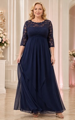 Dark Navy Lace Bateau Three-Quarter Sleeve Empire A-Line Plus Size Formal Dress