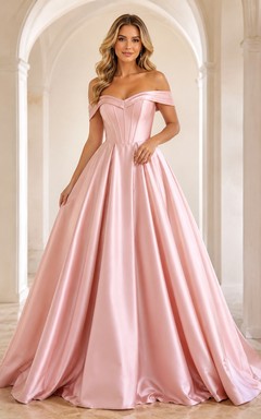Blush Off Shoulder Satin Ball Gown Formal Dress