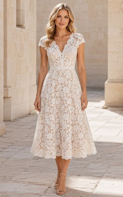 Robe d'invitée blanche en dentelle, col en V, manches courtes, coupe trapèze, longueur thé
