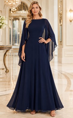 Vestido formal modesto de gasa azul marino con mangas tipo capa y escote barco, largo hasta el suelo.