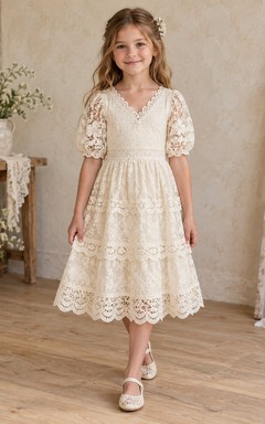 Boho Vintage Tea-length Ivory V-neck Scalloped Sleeve Tiered Lace Flower Girl Dress