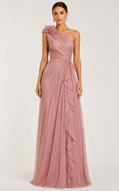 Chiffon-Abendkleid in Altrosa, schulterfreies A-Linien-Kleid in Bodenlänge mit Blumenmuster und Rüschen