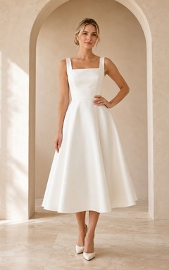 White Satin Square Neck Sleeveless A-Line Tea-length Simple Elegant Romantic Garden Occasion Dress