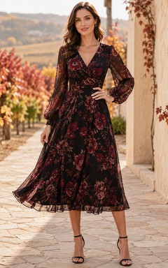 Vestido de invitada negro burdeos con estampado floral, escote en V y mangas largas hasta la rodilla.