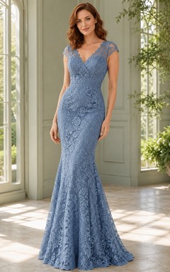 Slate Blue Scoop Neck Short Sleeve Lace Mermaid Sweep Train Formal Gown