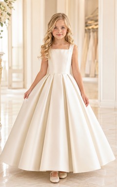 Blumenmädchenkleid aus elfenbeinfarbenem Satin, A-Linie, mit Rundhalsausschnitt, bodenlang, Schleifendetail