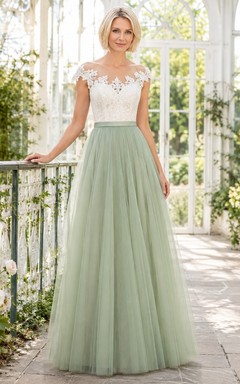 Sage Lace Off-Shoulder Short-Sleeve A-Line Floor-Length Romantic Dress