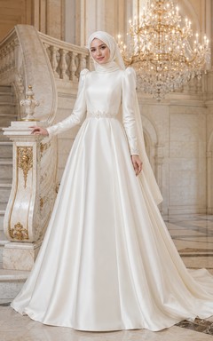 Modest Muslim Satin Ball Gown Bridal Dress With Long Sleeves