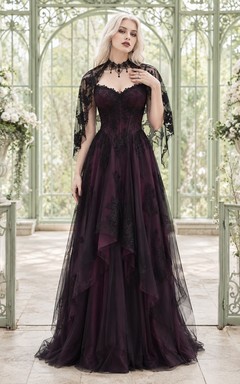 Burgundy Black High Neck Lace Cape A-Line Floor-Length Gothic Evening Gown