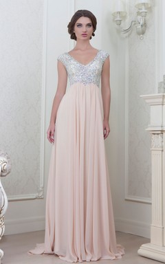 A-Line Cap-Sleeve Empire V-Neck Floor-Length Beaded Chiffon Evening Dress With Pleats