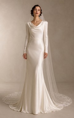 Long Sleeve Cowl Neck Satin Mermaid Vintage Wedding Dress