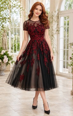Black Red Floral Lace Short Sleeve Tea-length A-Line Romantic Cocktail Dress