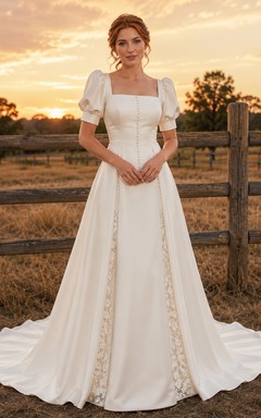 Lace Tulle Wedding Dress A-Line V-Neck Sleeveless Chapel Train Bridal Gown