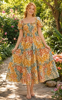 Vestido midi naranja con estampado batik tropical, cuello cuadrado y mangas abullonadas