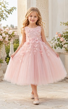 Flower Girl Dress Blush Lace Tulle A-Line Short Sleeve Jewel Neck Tea Length