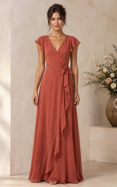 Papaya V-neck Ruffle Wrap A-Line Chiffon Bridesmaid Dress