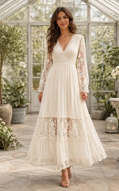 Boho V-Neck Long Sleeve Lace A-Line Ankle-Length Garden Wedding Dress