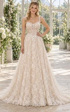 Robe de mariée vintage à bretelles fleuries, corset, entièrement en dentelle, traîne chapelle