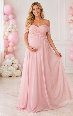Robe de mariée empire en mousseline rose poudré à épaules dénudées pour baby shower de petite fille