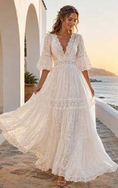 Vintage Ibicenco Cotton A Line V Neck Half Sleeve Tiered Wedding Dress