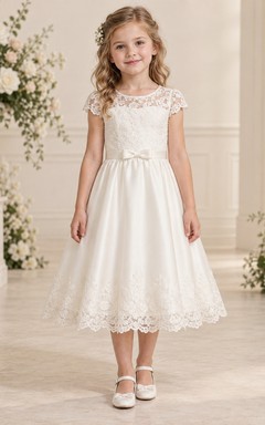 Tea-length Ivory Cap Sleeve Illusion Jewel Floral Lace Bow Sashed Satin Flowergirl Dress