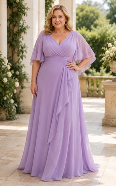 Lavendelfarbenes Chiffon-Kleid in A-Linie mit V-Ausschnitt in Übergröße für Mütter