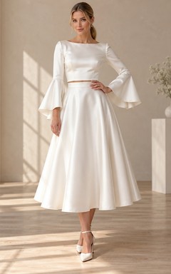 Tea-length Two Piece Boat Neck Bell Sleeve Satin Wedding Dress