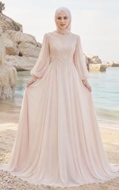 Beach Muslim Blush Poet Sleeve Chiffon A-Line Wedding Dress