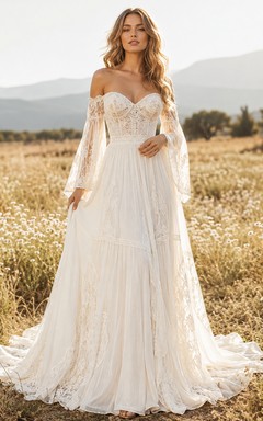 Robe de mariée bohème en mousseline de soie, épaules dénudées, manches cloche, coupe trapèze, style chapelle