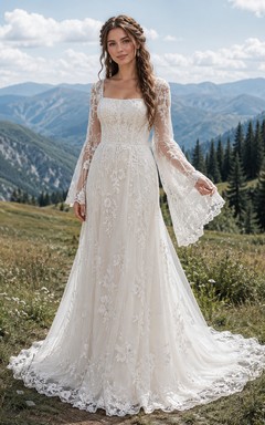 Square Neck Lace Bell Sleeve Mountain Meadow Bridal Dress