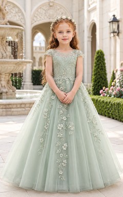 Sage Flower Girl Dress with Illusion Scoop Neck, Lace Cap Sleeves, Floral Embroidered Floor-Length Tulle Ball Gown and Button Back