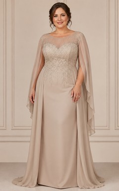 Taupe Illusion Cape Mother Gown Taupe Bateau Jewel Sheath Floor-length