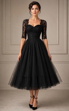 Black Tulle Lace 3/4 Sleeve Tea-Length Wedding Dress
